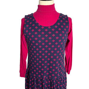Vintage IZOD 80s-90s Jumper Dress and Turtleneck, Sz M, Blue and Pink, Pockets